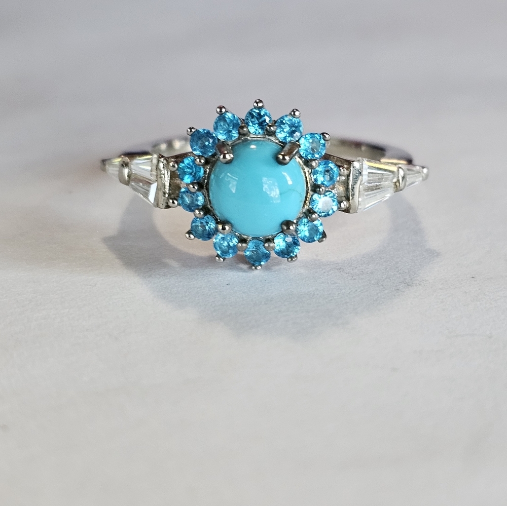 Natural Sleeping Beauty Turquoise, Neon Apatite & Moissanite Ring Size 9!